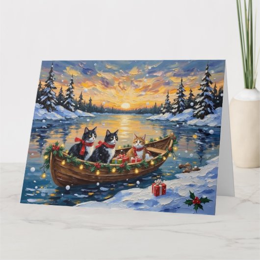 Carte Chat Tuxedo Noël Bateau Fêtes (Devant)