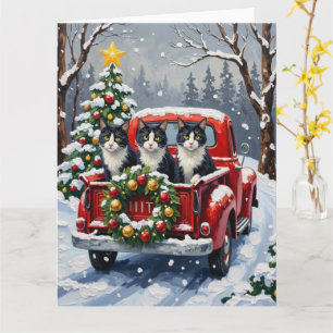 Carte Chat Tuxedo Noël Camion Rouge Fêtes