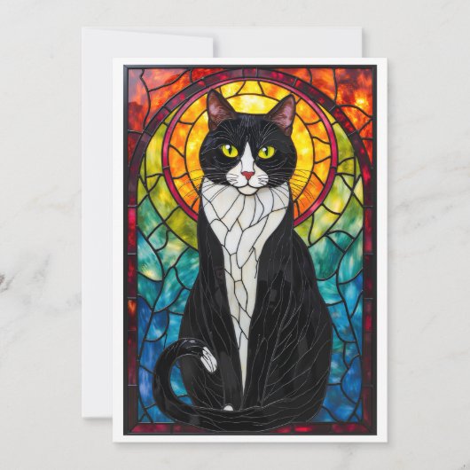 Carte Chat Tuxedo Noir et Blanc de Style Vitrail Plat (Devant)