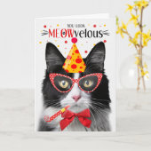 Carte Chat Tuxedo noir et blanc MEOWvelous Anniversaire (Fleur jaune)