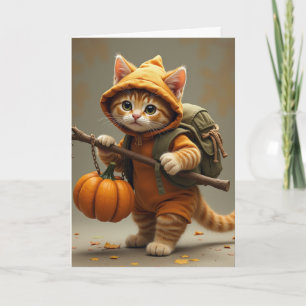 Carte Chat vagabond voyageur avec citrouille