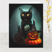 Carte Chat Vampire et Citrouille de Sorcier Halloween Su (Fleur jaune)