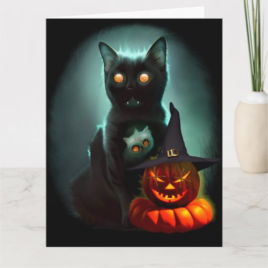 Carte Chat Vampire et Citrouille Sorcière Halloween Surr (Devant)