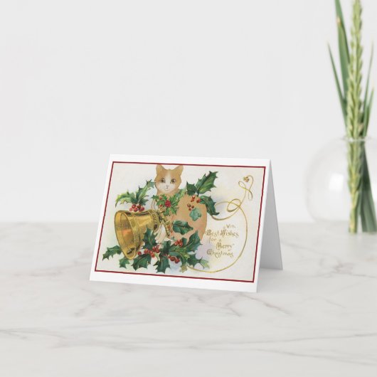 Carte Chat vintage avec cloches et Noël Holly (Devant)