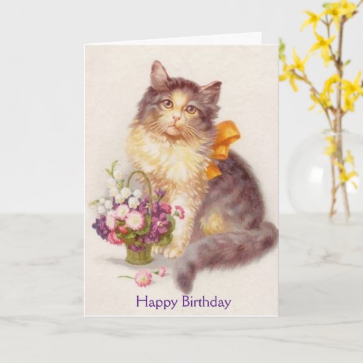 Carte Chat vintage d'anniversaire (message à (Fleur jaune)