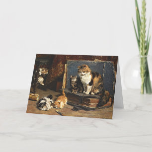 Carte Chat vintage orange noir et blanc avec chatons