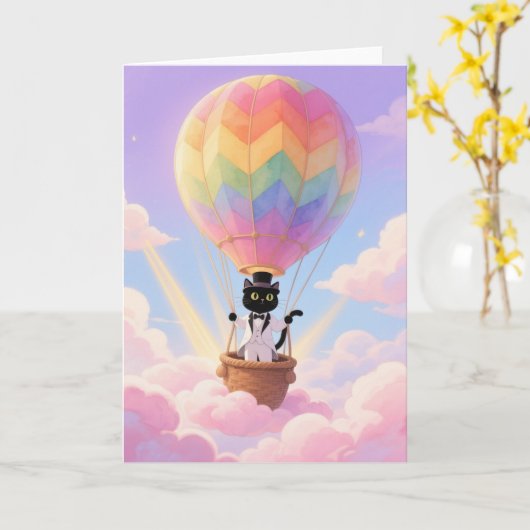 Carte Chat volant un ballon (Fleur jaune)