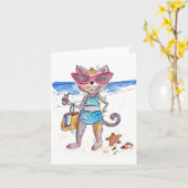 Carte Chat Whimsical sur la plage (Fleur jaune)