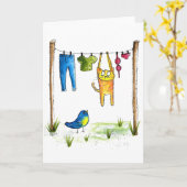 Carte Chat Whimsical sur une ligne de linge (Fleur jaune)