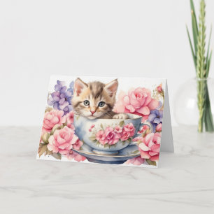 Carte Chaton à l'aquarelle dans une tasse de thé avec de