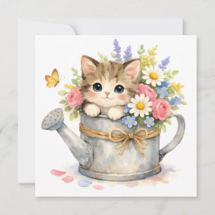 Carte Chaton aquarelle à l'intérieur d'un arrosoir avec