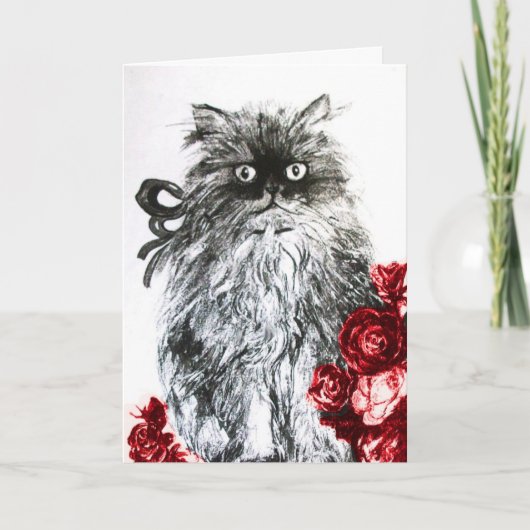 Carte CHATON AUX ROSES ROUGES ,Noir et Blanc (Devant)
