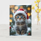 Carte Chaton avec un bonnet de Noël rouge (Fleur jaune)