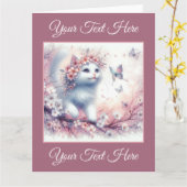 Carte Chaton blanc avec fleurs et papillons (Fleur jaune)