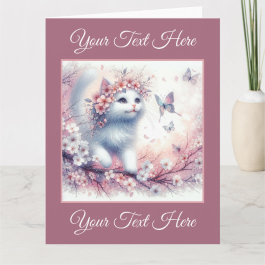 Carte Chaton blanc avec fleurs et papillons (Devant)