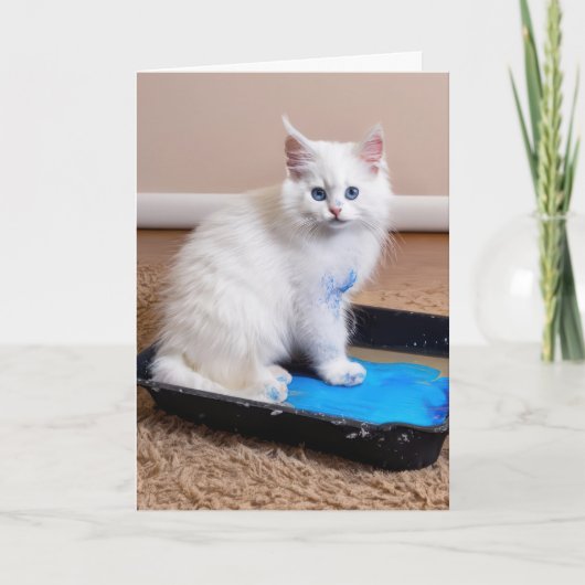 Carte Chaton blanc en bac à peinture pour l'anniversaire (Devant)