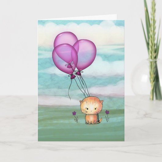Carte Chaton d'anniversaire avec ballons violets (Devant)
