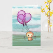 Carte Chaton d'anniversaire avec ballons violets (Fleur jaune)