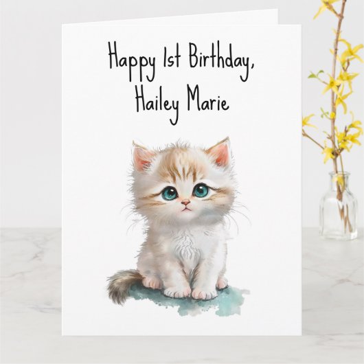 Carte Chaton d'anniversaire personnalisé avec yeux bleus (Fleur jaune)