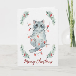 Carte Chaton de Noël emmêlé dans les lumières
