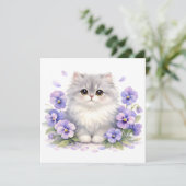 Carte Chaton Fluffy Aquarelle avec Fleurs de Pensée Viol (Debout devant)