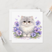 Carte Chaton Fluffy Aquarelle avec Fleurs de Pensée Viol (Devant/Arrière en situation)