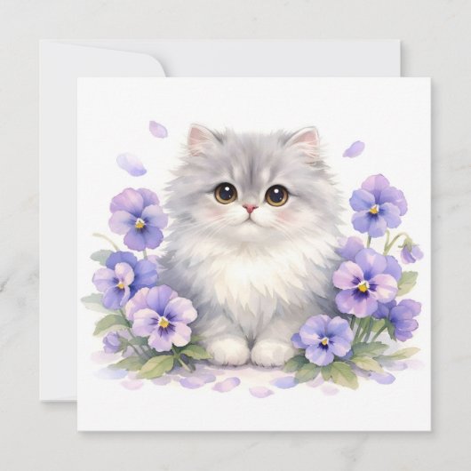 Carte Chaton Fluffy Aquarelle avec Fleurs de Pensée Viol (Devant)