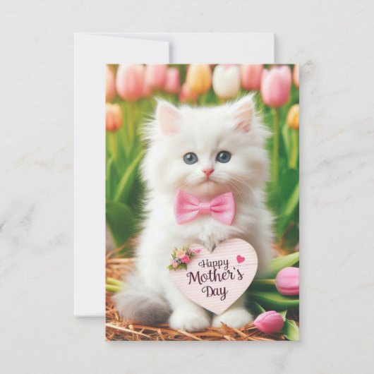 Carte Chaton Fluffy Blanc dans un Champ de Tulipes pour  (Devant)