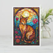 Carte Chaton orange de style vitrail avec fleurs roses (Debout devant)