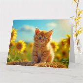 Carte Chaton roux adorable dans un champ de tournesols (Fleur jaune)