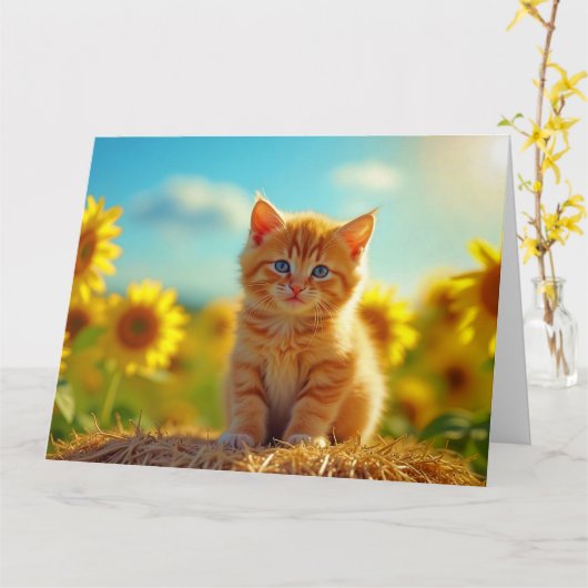 Carte Chaton roux adorable dans un champ de tournesols (Fleur jaune)