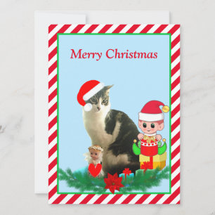 Carte Chaton tabby de Noël, ange et lutin mignon sur fon