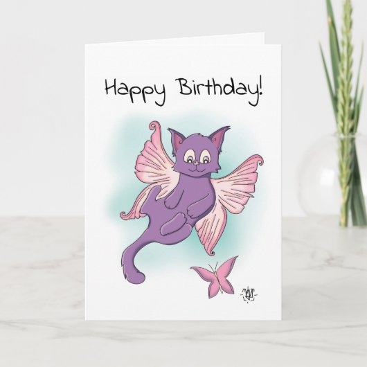 Carte Chaton volant rose Joyeux anniversaire (Devant)