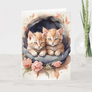 Carte Chatons frères tabby aquarelle fleurs blanc