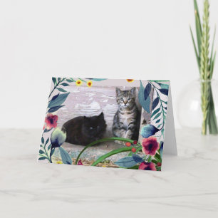 Carte Chatons mignons avec feuilles et fleurs à l'aquare