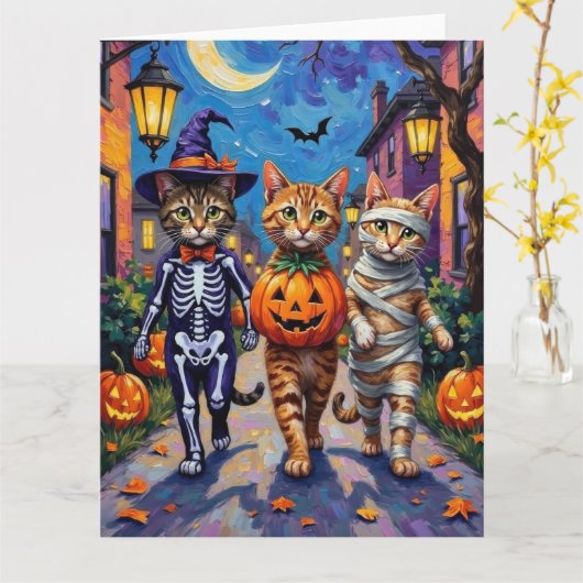 Carte Chats abyssiniens - Trick ou traitement en Hallowe (Fleur jaune)