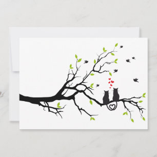 Carte Chats amoureux sur un arbre avec des cœurs rouges