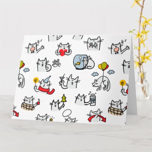 Carte Chats amusants, lait et magie. (Fleur jaune)