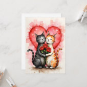 Carte Chats charmants pour la Saint-Valentin avec des cœ (Devant/Arrière en situation)