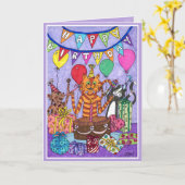 Carte Chats colorés Anniversaire (Fleur jaune)