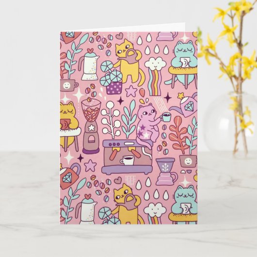 Carte Chats D'Anniversaire En Rose (Fleur jaune)