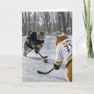 Carte Chats d'anniversaire jouant au hockey sur glace av