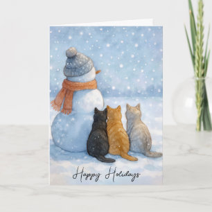 Carte Chats de Noël assis avec un bonhomme de neige dans