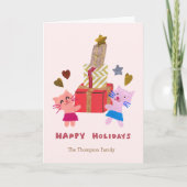 Carte chats mignons avec cadeaux bébé rose vacances (Devant)