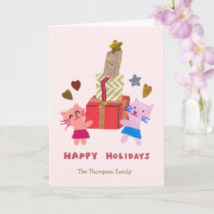 Carte chats mignons avec cadeaux bébé rose vacances