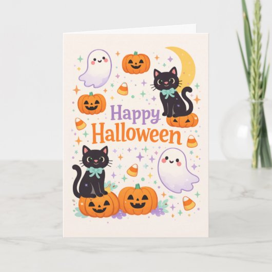 Carte Chats mignons fantômes citrouilles Halloween (Devant)
