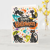Carte Chats noirs rétro Halloween (Fleur jaune)