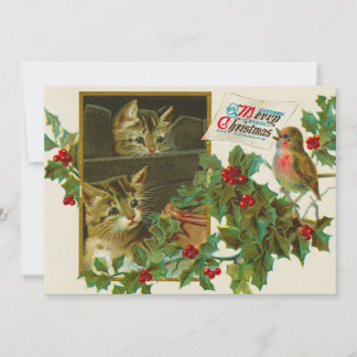 Carte Chats vintages de 1911 avec oiseaux Joyeux Noël