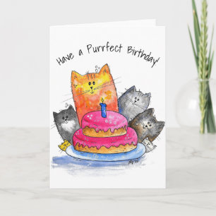 Carte Chats Whimsical avec gâteau d'anniversaire