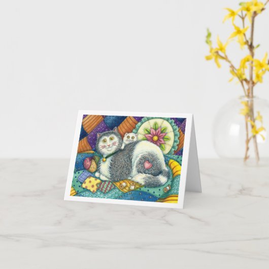 CARTE CHATTE & CHATON, COUVERTURES PATCHWORK, PELOTE D'É (Fleur jaune)